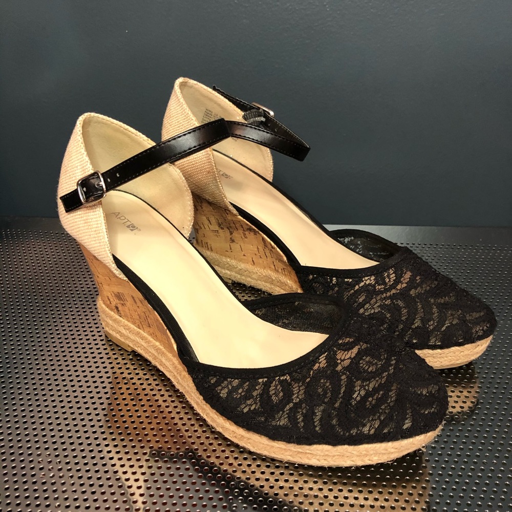 Apt 9 Sz 10 Cork Black Lace Espadrille Wedge
